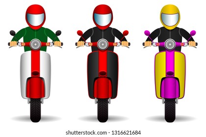 scooter drivers set. bikers and their scooters of different colors. front view. Isolated objects on white background. vector illustration.