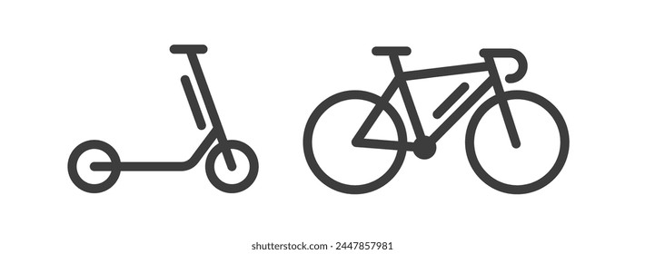 Scooter electric and kick push icon line art vector, bike bicycle thin stroke linear outline image clipart cut out isolated simple symbol illustration set