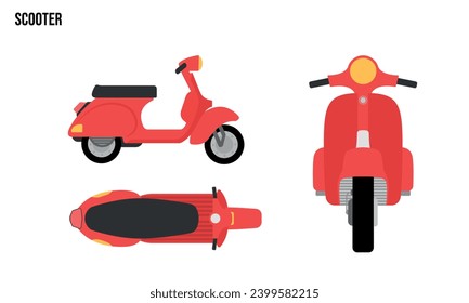 Ilustración de diseño Scooter Flat, Vehículos públicos , vista superior, vista lateral, vista frontal, aislado por fondo blanco