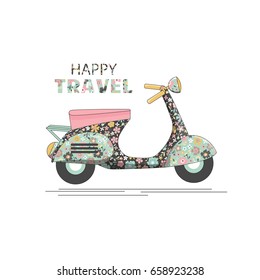 Scooter with floral pattern and inscription - happy travel - on a white background. Vintage scooter poster design, summer traveling.