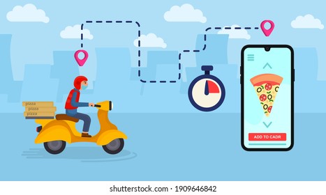 Scooter with food delivery. Fast courier.  Smartphone with Mobile App for Delivery Tracking. Flat Isometric Vector Illustration.