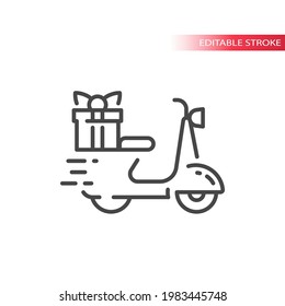 Scooter mit Geschenkbox Linie Vektorsymbol. Schnelles Liefersymbol, bearbeitbarer Strich.