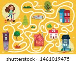 Scooter girl maze game in urban theme. Vector illustration.