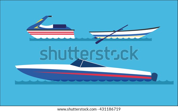 Scooter, high-speed motor\
boat, rowing boat. Seth maritime transport. Vector illustrations in\
the flat style