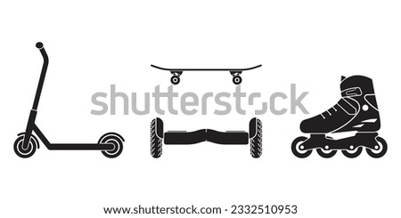 Scooter, Hoverboard, Skateboard, Roller skate icon or logo set. Self balancing, Extreme sport equipment. Vector illustration.