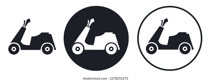 Scooter icon black and white silhouette on dark and light circle background. Abstract light motorbike or moped, flat style. Vector sign or button for web design, transport service logo.