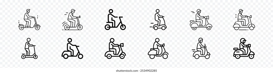 Scooter icon, Electric scooter icons.  Man Riding a Scooter to Work. Scooter Riding Icons, Two wheeled vehicles and riders icon set. 