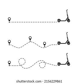 Icono Scooter con punto de inicio de línea establecido. Motociclismo en ruta punteada con pasador de mapa. Vector aislado en blanco