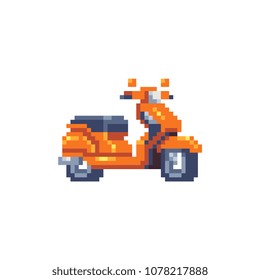 Scooter icon. Pixel art. Motorcycle rental service logotype. Orange moped. 8-bit sprite. Sticker design. Isolated vector illustration.