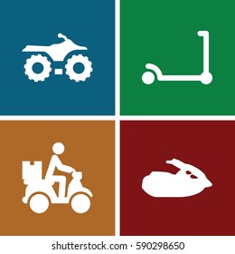 scooter icons set. Set of 4 scooter filled icons such as kick scooter, courier on motorcycle, jet ski