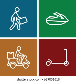 Scooter icons set. set of 4 scooter outline icons such as kick scooter, courier, courier on motorcycle