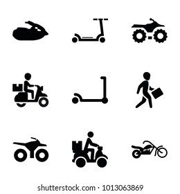 Scooter icons. set of 9 editable filled scooter icons such as kick scooter, motorcycle, courier on motorcycle, jet ski, delivery bike
