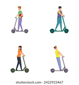 Scooter icons set cartoon vector. Man and woman riding electric scooter. Ecology transport