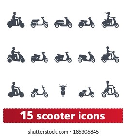 Ícones de scooter: conjunto vetorial de sinais de transporte e motorista.