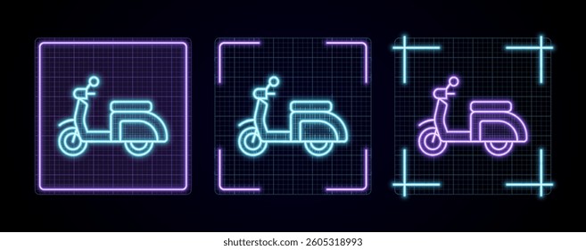 Scooter illustration, cyber neon visual, glowing border grid vector.