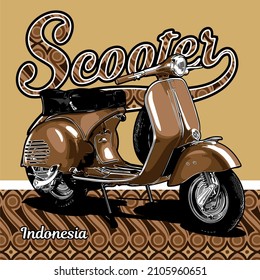 scooter with Indonesian batik pattern, t-shirt design, biker, motorcycle club, patch, naked bike, cool helmet, arai, shoei, ls2, panhead, knucklehead, supermoto, vespa, lambretta, vector templates