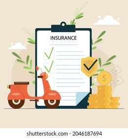 Scooter insurance. Motorcycle, moped or motorbike protection in case of road accident. Save money after traffic crash concept. Paper agreement document with shield icon.