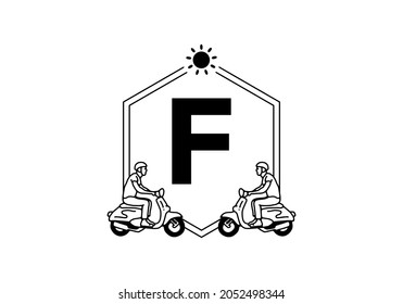 Scooter line art with F initial letter design