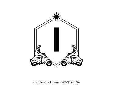 Scooter line art with I initial letter design