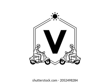 Scooter line art with V initial letter design