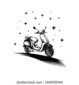 Scooter in line art vector with star. Black scooter illustration with white background isolated.