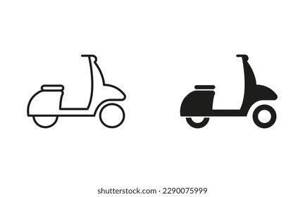 Scooter Line and Silhouette Black Icon Set. Moped, Motorbike, Motorcycle Pictogram. Motorcycle for Delivery Service Outline and Solid Sign Collection on White Background. Isolated Vector Illustration.