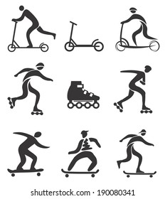 Scooter in line skateboard black icons Set of nine black symbols of scooter, in line skating and skateboarding. Vector illustration. 