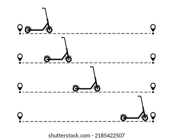 Scooter with line start point set. Eco scooter driving on dotted route with map pin pointer collection. Vector isolated on white.