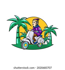 Scooter logo with Riding a scooter in the afternoon concept design