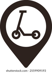 Scooter map pin icon. Electric scooter location sign. Rent a kick scooter symbol. GPS E-scooter parking location symbol for apps and websites 