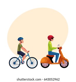 Scooter, moped and bicycle riders, drivers, riders wearing helmet, side vew, cartoon vector illustration with space for text. Motorcycle and bicycle, two types of typical urban transport