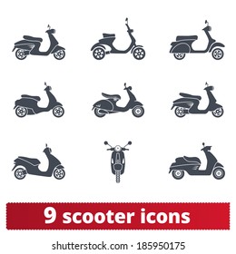 Iconos Scooter y moped: conjunto vectorial de señales de transporte.