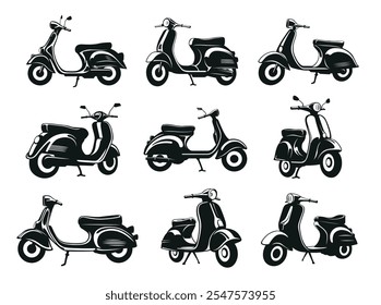 Scooter moped motorbike motorcycle transportation black silhouette set isometric vector illustration. Urban speed riding vehicle cycling motor driving with wheels. City street modern transport