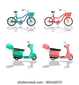 Scooter  Motorbike and Bicycle on White Background. Vector Icons.