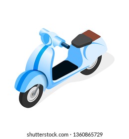 Scooter, Motorbike, Bike Isometric Illustration. Realistic 3d Two-Wheeled Vehicle. Fast, Quick Delivery Option. Convenient Urban, City Transport. Flat Side View Blue Motorcycle Model