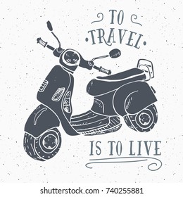 Scooter motorbike Vintage label, Hand drawn sketch, grunge textured retro badge, typography design t-shirt print, vector illustration.