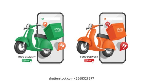 Scooter or motorcycle with a box or bag of food on the back, pin map to deliver food to customers and all flying in front of the smartphone, vector 3d isolated for delivery advertising design