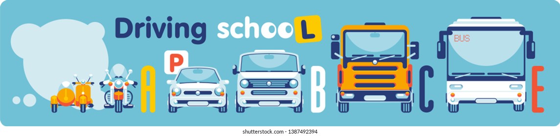 The scooter, the motorcycle, the car, microbus, the auto truck, the bus stand in a row, showing categories of training of drivers in driving school.