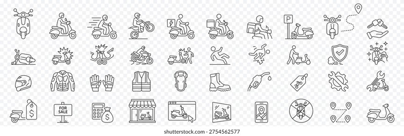 Scooter, motorcycle and delivery icon set – editable outline symbols of moped, for sale, shop, online store, rider, accident, safety, repair, shop and navigation