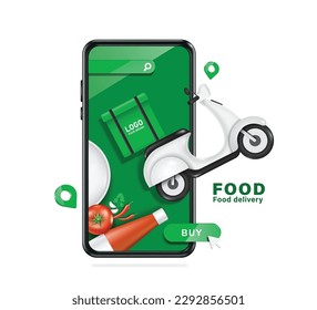 Scooter o motocicleta con una caja verde para la comida en la parte trasera está volando de la pantalla del smartphone después de que un cliente presione un pedido al final del botón de compra ,vector 3d para el concepto de entrega de comida