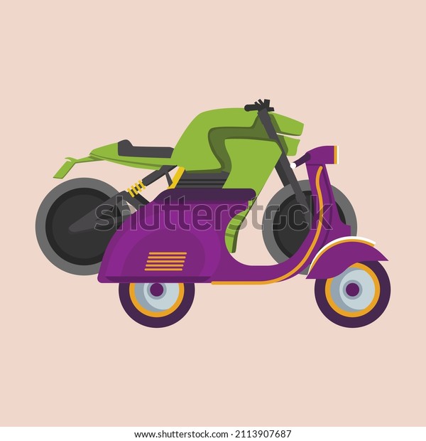 Scooter and\
motorcycle. Motor transport flat icons set. Set of vector modern\
scooters and colorful\
style