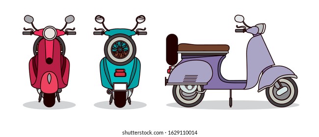 scooter motorcycles set design, Transportation travel trip urban motor speed fast automotive and driving theme Vector illustration