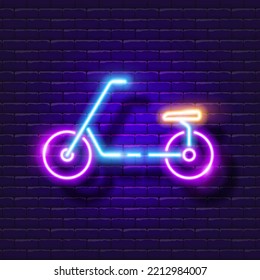 Scooter neon sign. Electric scooter glowing icon. Urban transport concept.