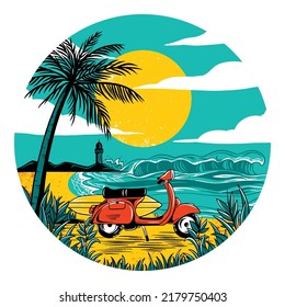 Scooter on the beach. Scooter over sea. Vector stock illustration. Print for silkscreen printing.