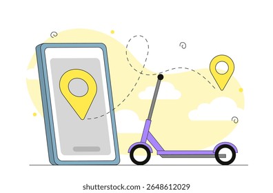Scooter on map. Transport near smartphone with gps. Online shopping and home delivery. Transportation and logistics, shipping. Courier on map. Linear vector illustration