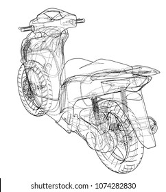 Scooter outline concept. Vector rendering of 3d. Wire-frame style. The layers of visible and invisible lines are separated