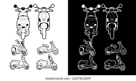 Dibujo de un conjunto de ilustraciones de iconos detallado del vehículo de esquema Scooter Diseño