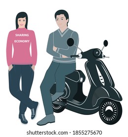 Scooter and owners man and woman. Vector illustration. Design concept. Sharing Economy. svg