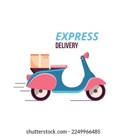 Scooter with parcel. Express delivery. Flat cartoon style.