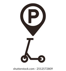 Pino do mapa de estacionamento do scooter. Pino de localização de estacionamento E-scooter. Símbolo de localização de estacionamento de scooter GPS para aplicativos e sites isolados no fundo branco
